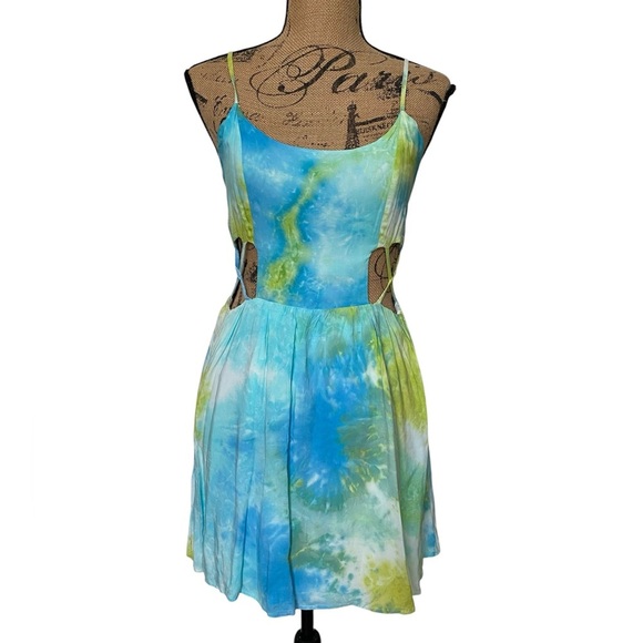 Cotton Candy Tie Dye Blue Green Cut Out Summer Mini Dress Size Medium - Picture 16 of 16